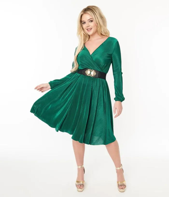 Voodoo Vixen Green Pleated Satin Swing Dress DressesPlus Unique Vintage Swing