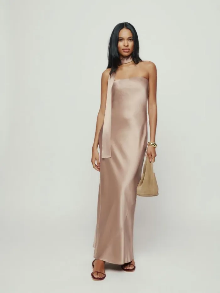 Weddings The Reformation Oren Silk Dress Macadamia