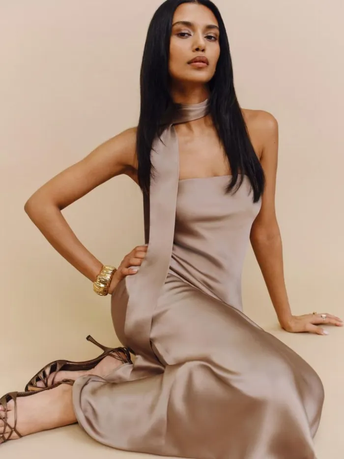 Weddings The Reformation Oren Silk Dress Macadamia