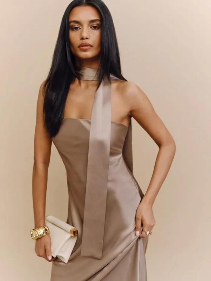 Weddings The Reformation Oren Silk Dress Macadamia