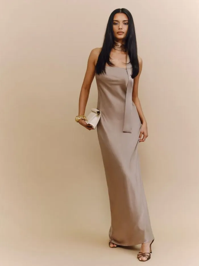Weddings The Reformation Oren Silk Dress Macadamia