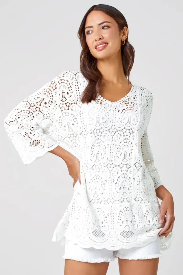 White Cotton Crochet Tunic Top Women Roman Tops