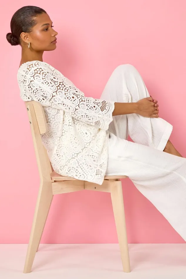 White Cotton Crochet Tunic Top Women Roman Tops
