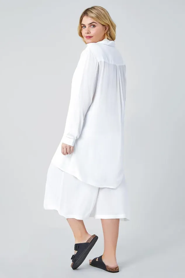 White Curve Crinkle Relaxed Longline Shirt Women Roman Tops