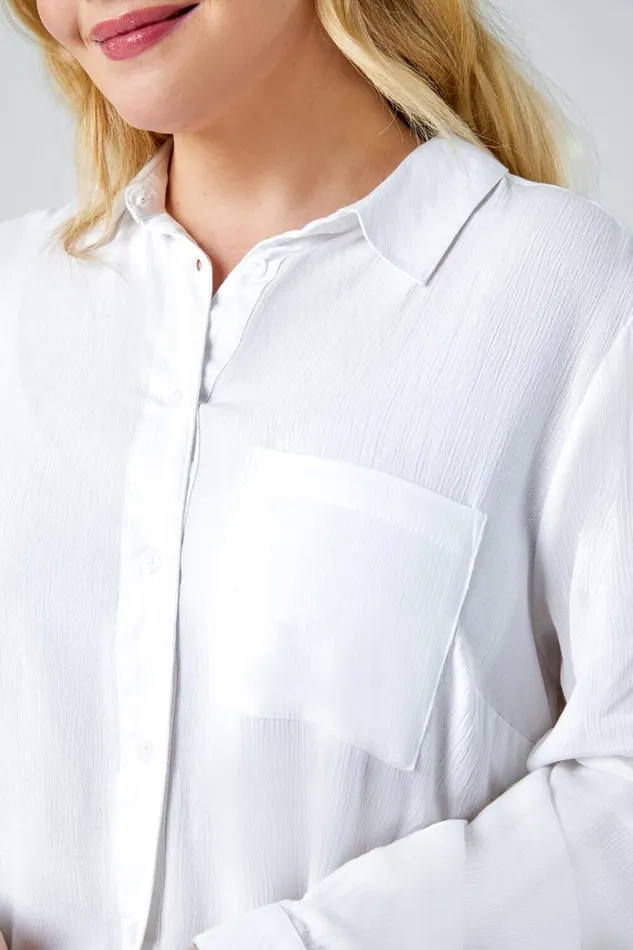 White Curve Crinkle Relaxed Longline Shirt Women Roman Tops