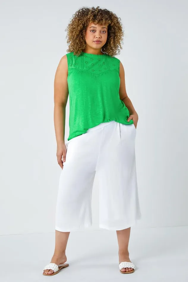 White Curve Plain Crinkle Elastic Waist Culottes Women Roman Trousers