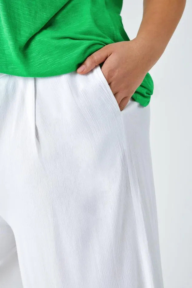 White Curve Plain Crinkle Elastic Waist Culottes Women Roman Trousers