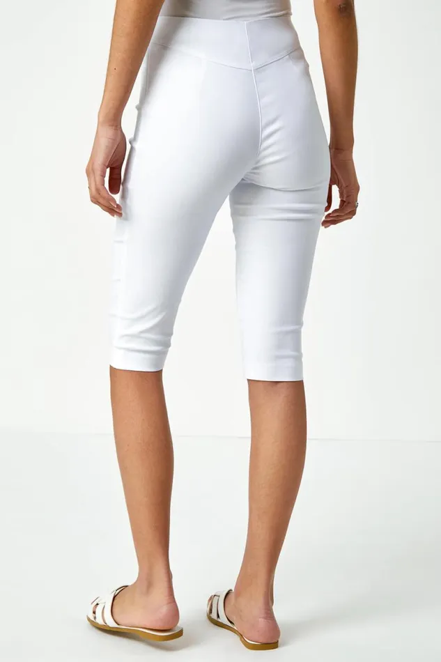 White Elastic Waist Knee Length Stretch Shorts Women Roman Coords