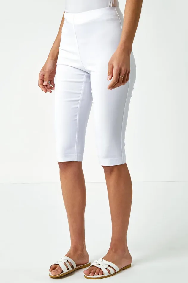 White Elastic Waist Knee Length Stretch Shorts Women Roman Coords