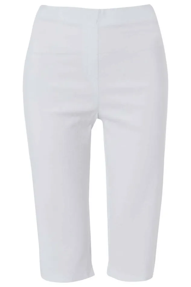 White Elastic Waist Knee Length Stretch Shorts Women Roman Coords