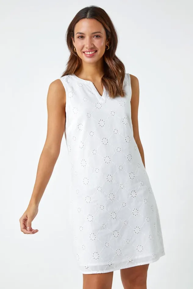 White Embroidered Cotton Shift Dress Women Roman Dresses