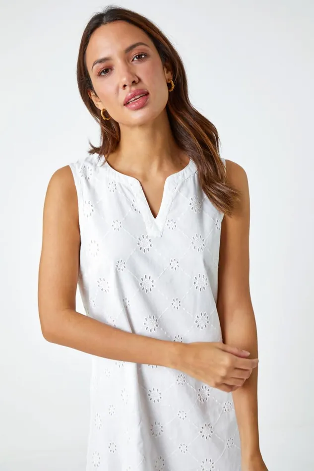 White Embroidered Cotton Shift Dress Women Roman Dresses