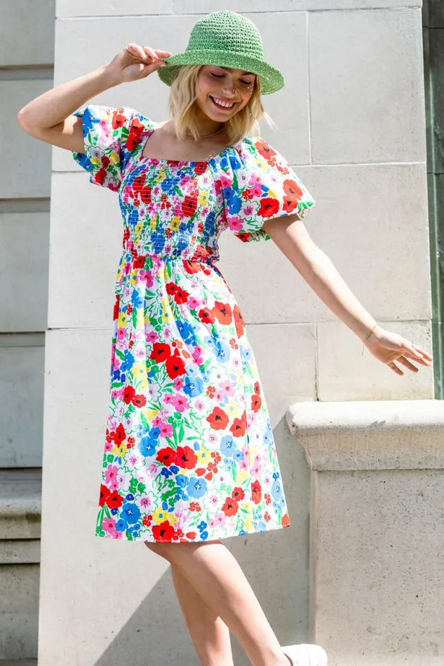White Floral Puff Sleeve Cotton Dress Women Roman Dresses