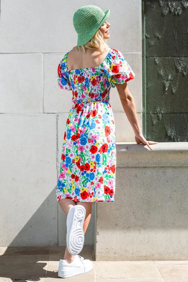 White Floral Puff Sleeve Cotton Dress Women Roman Dresses