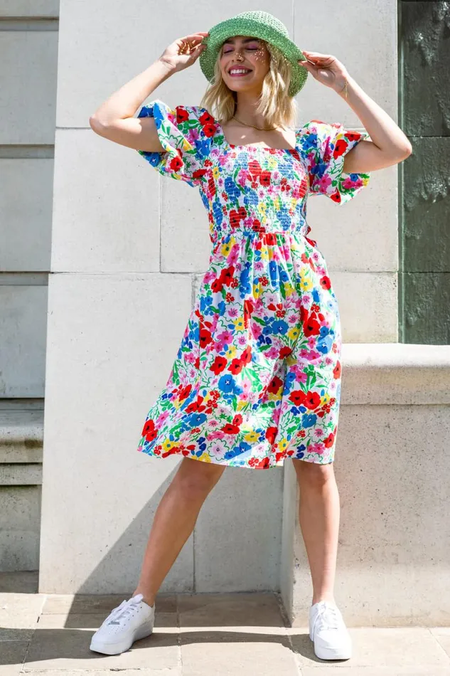 White Floral Puff Sleeve Cotton Dress Women Roman Dresses