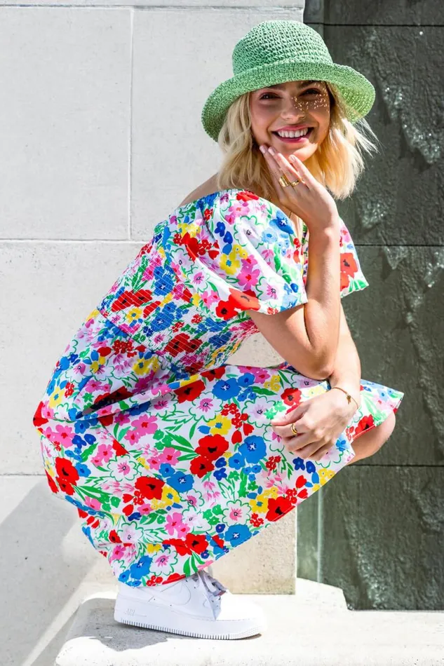 White Floral Puff Sleeve Cotton Dress Women Roman Dresses