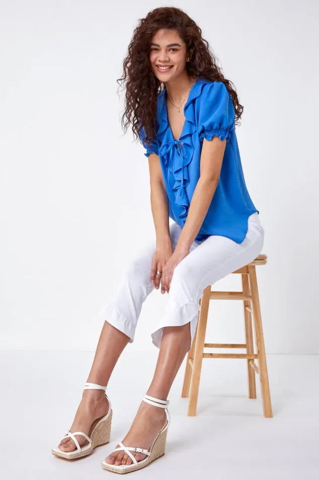 White Frill Hem Stretch Cropped Trousers Women Roman Trousers