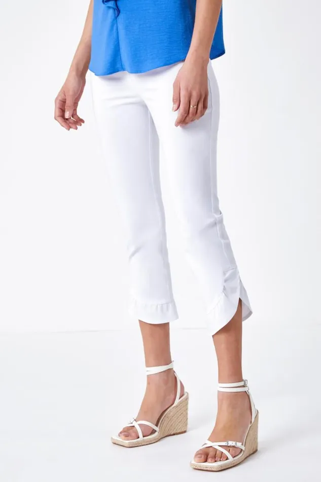 White Frill Hem Stretch Cropped Trousers Women Roman Trousers