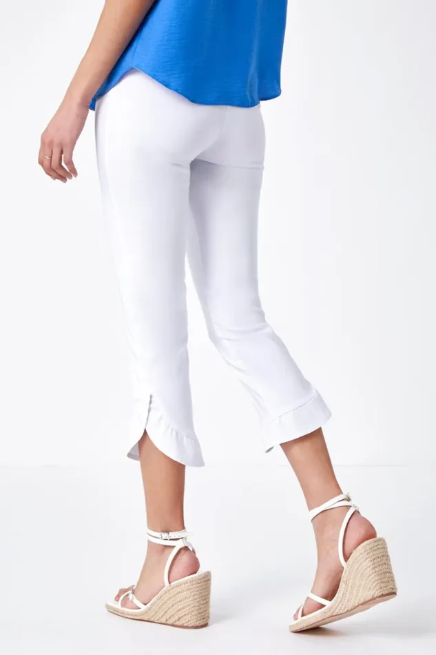 White Frill Hem Stretch Cropped Trousers Women Roman Trousers