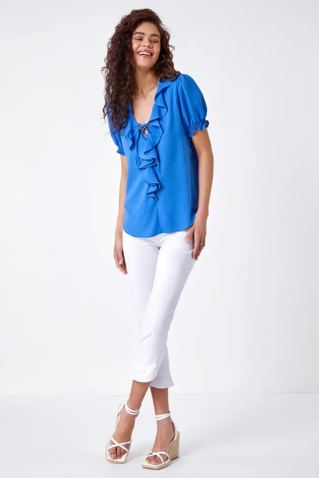 White Frill Hem Stretch Cropped Trousers Women Roman Trousers