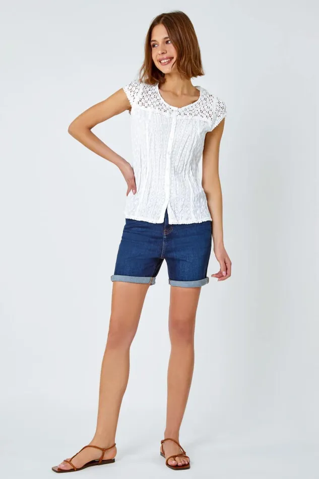 White Lace Yoke And Sleeve Crinkle Blouse Women Roman Tops