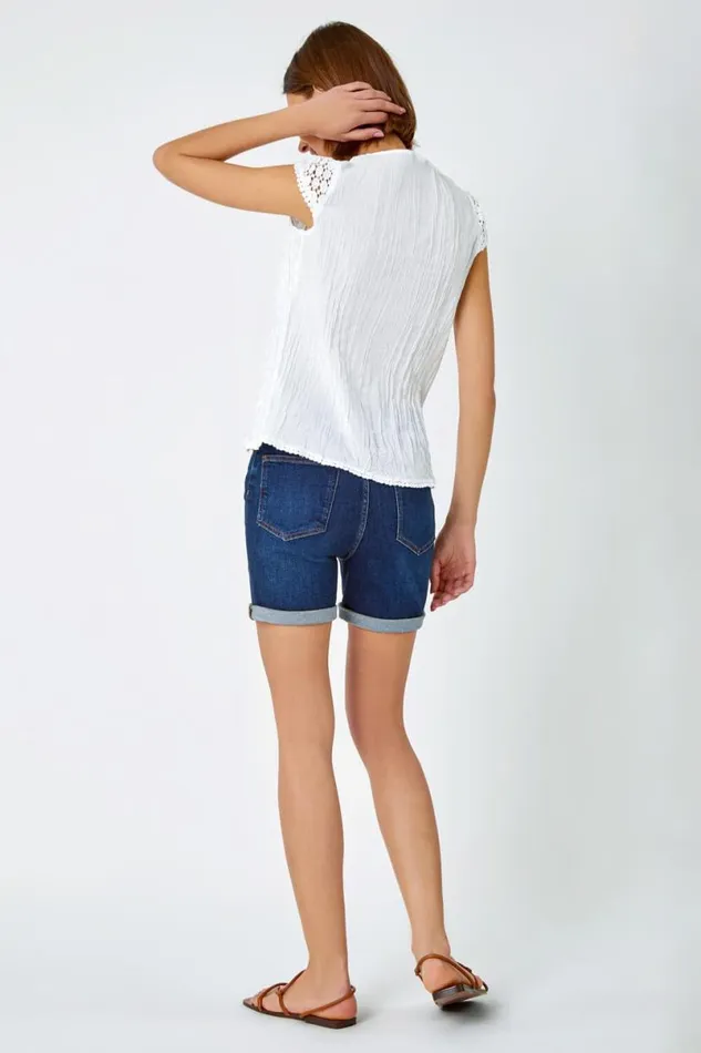 White Lace Yoke And Sleeve Crinkle Blouse Women Roman Tops