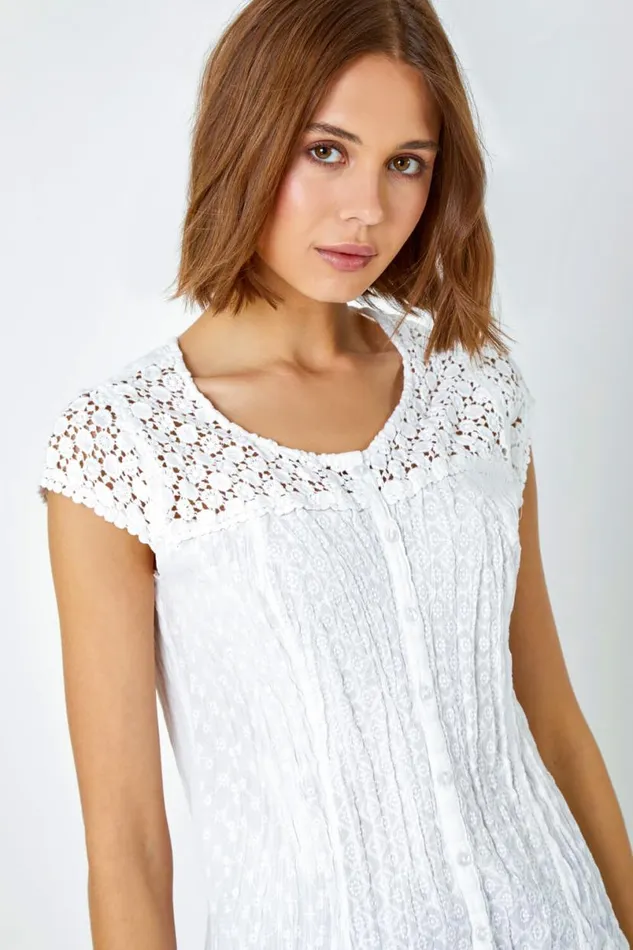 White Lace Yoke And Sleeve Crinkle Blouse Women Roman Tops