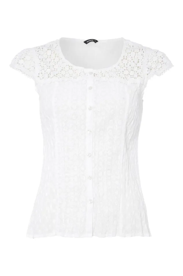 White Lace Yoke And Sleeve Crinkle Blouse Women Roman Tops