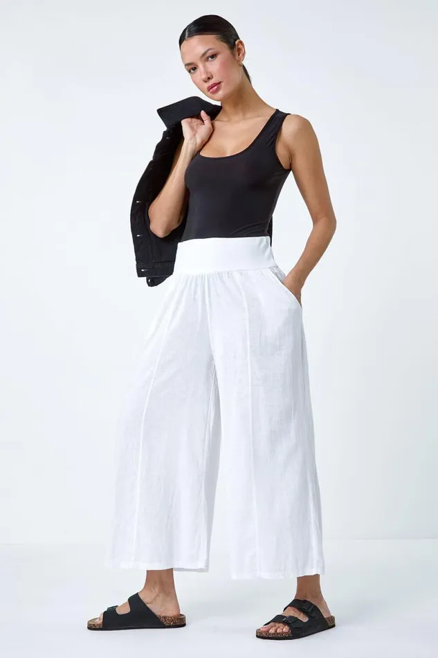 White Linen Blend Elastic Waist Cropped Culottes Women Roman Trousers