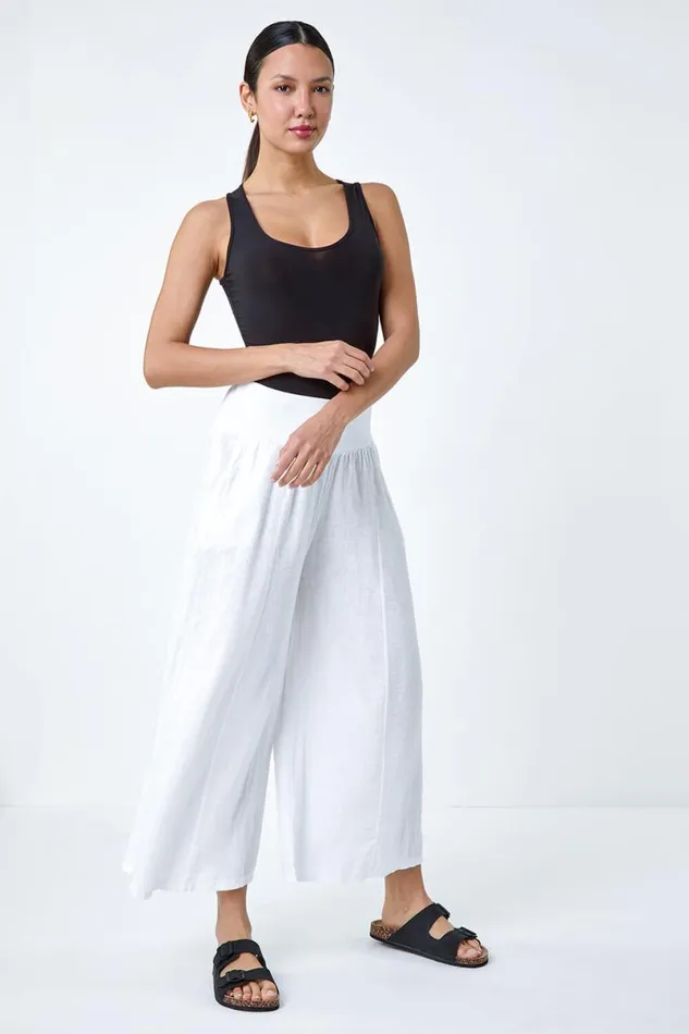 White Linen Blend Elastic Waist Cropped Culottes Women Roman Trousers