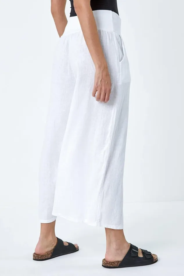 White Linen Blend Elastic Waist Cropped Culottes Women Roman Trousers