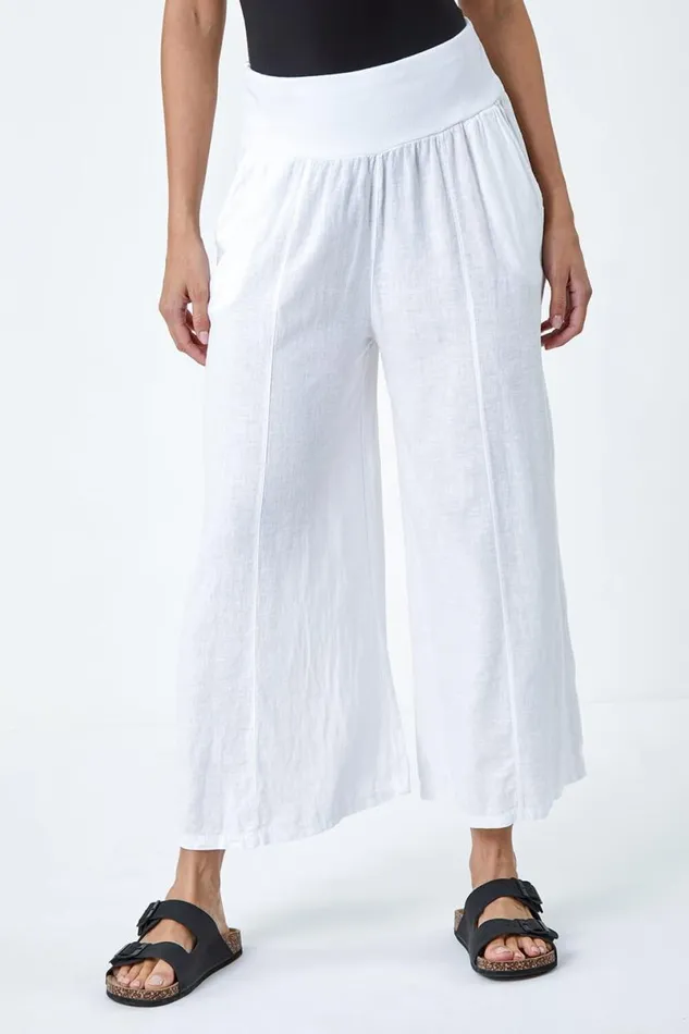 White Linen Blend Elastic Waist Cropped Culottes Women Roman Trousers