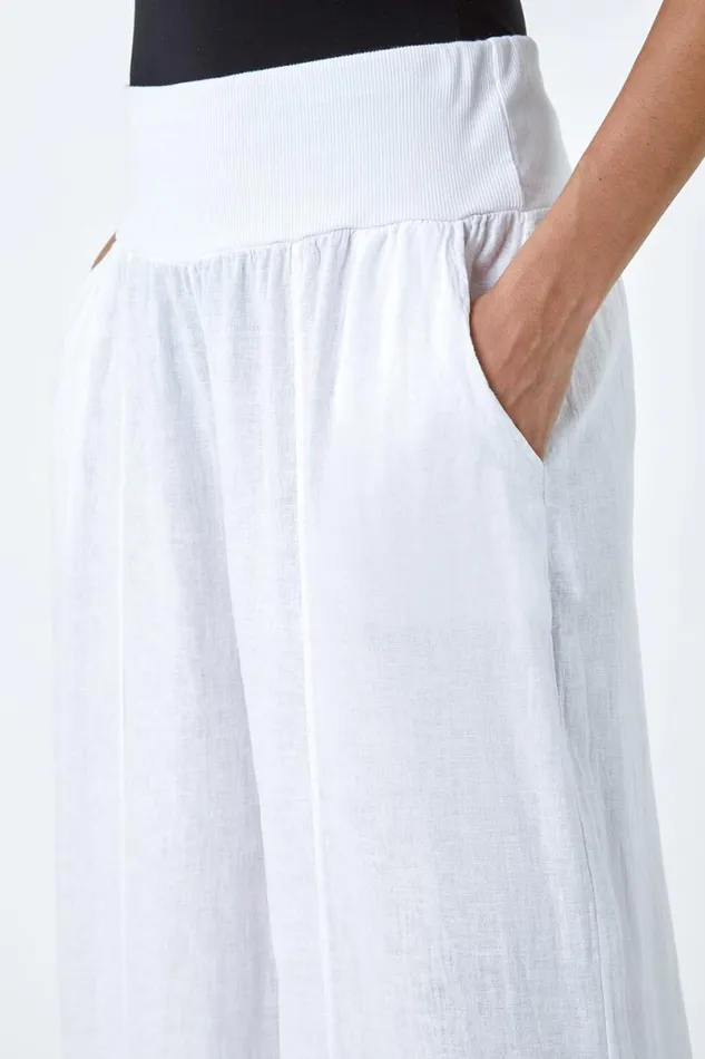 White Linen Blend Elastic Waist Cropped Culottes Women Roman Trousers
