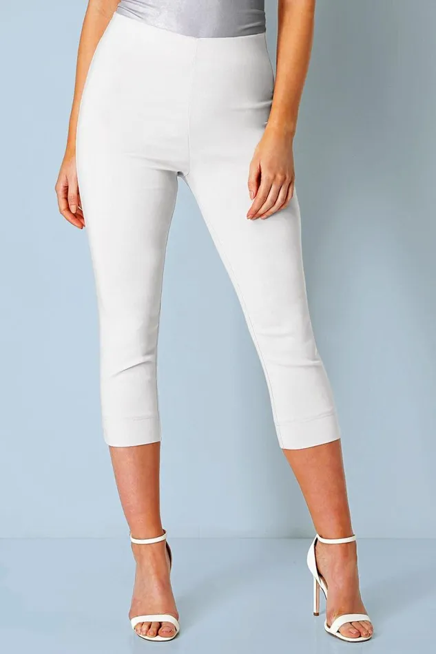 White Petite Elastic Waist Stretch Cropped Trouser Women Roman Coords