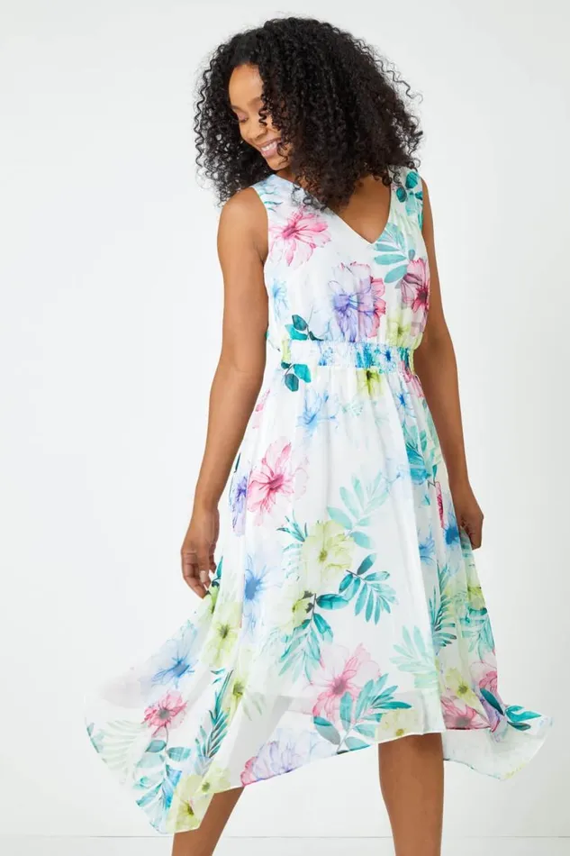 White Petite Floral Print Shirred Dress Women Roman Dresses
