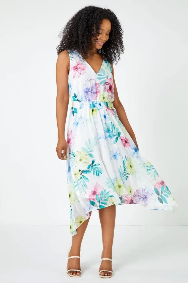 White Petite Floral Print Shirred Dress Women Roman Dresses