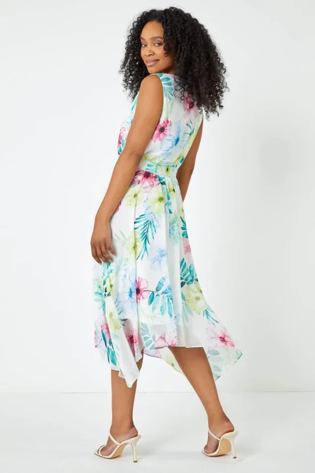 White Petite Floral Print Shirred Dress Women Roman Dresses