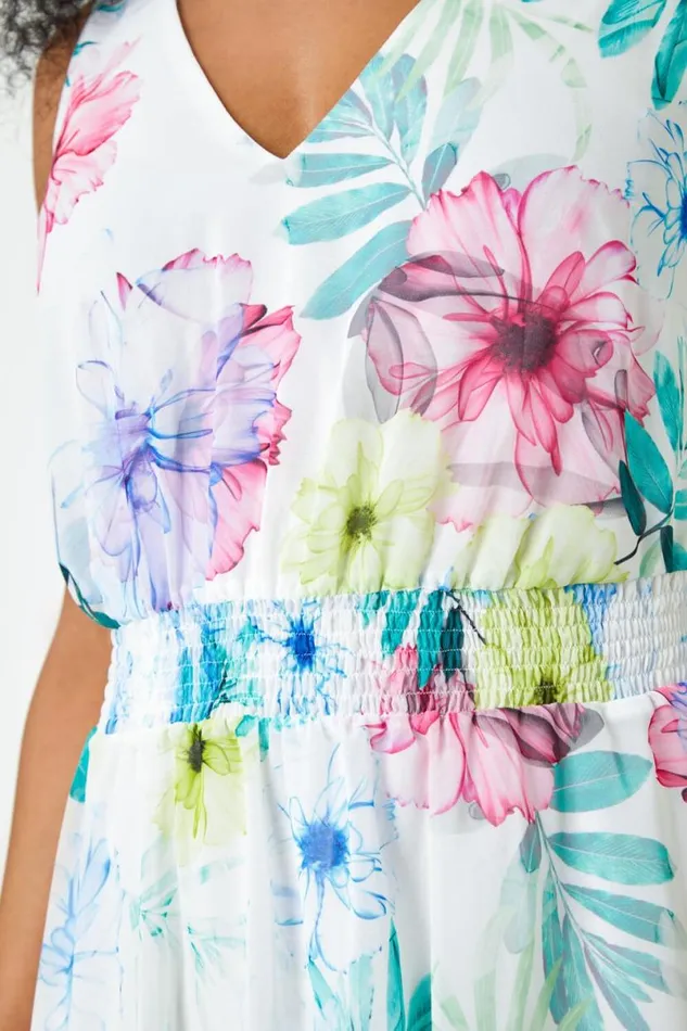 White Petite Floral Print Shirred Dress Women Roman Dresses