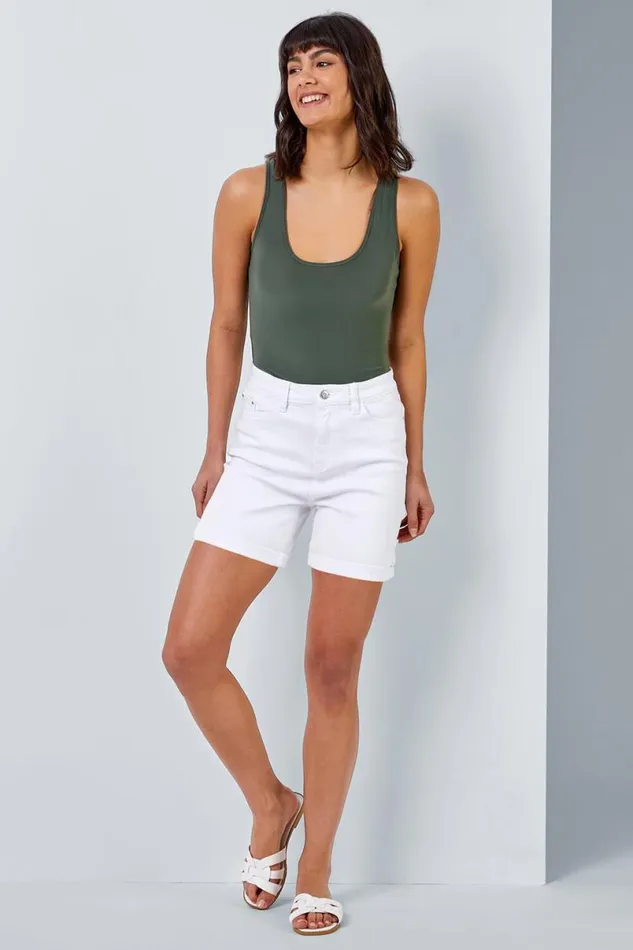 White Stretch Denim Mom Shorts Women Roman Coords
