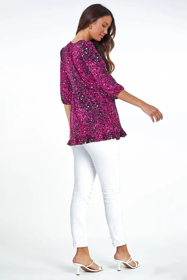 Wine Animal Print Smock VNeck Stretch Top Women Roman Tops