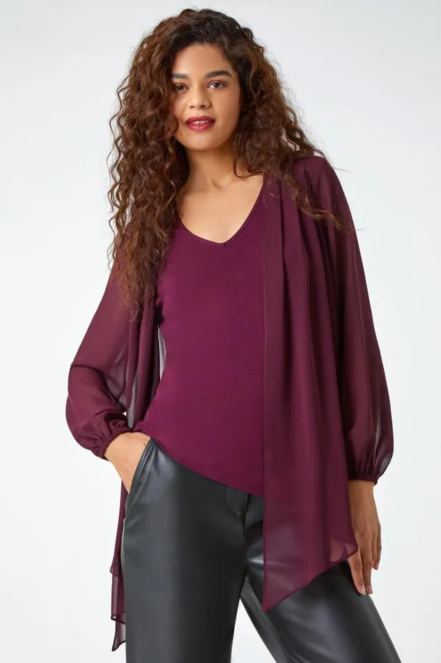 Wine Contrast Chiffon Overlay Stretch Top Women Roman Tops