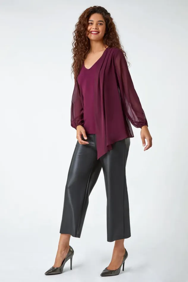 Wine Contrast Chiffon Overlay Stretch Top Women Roman Tops