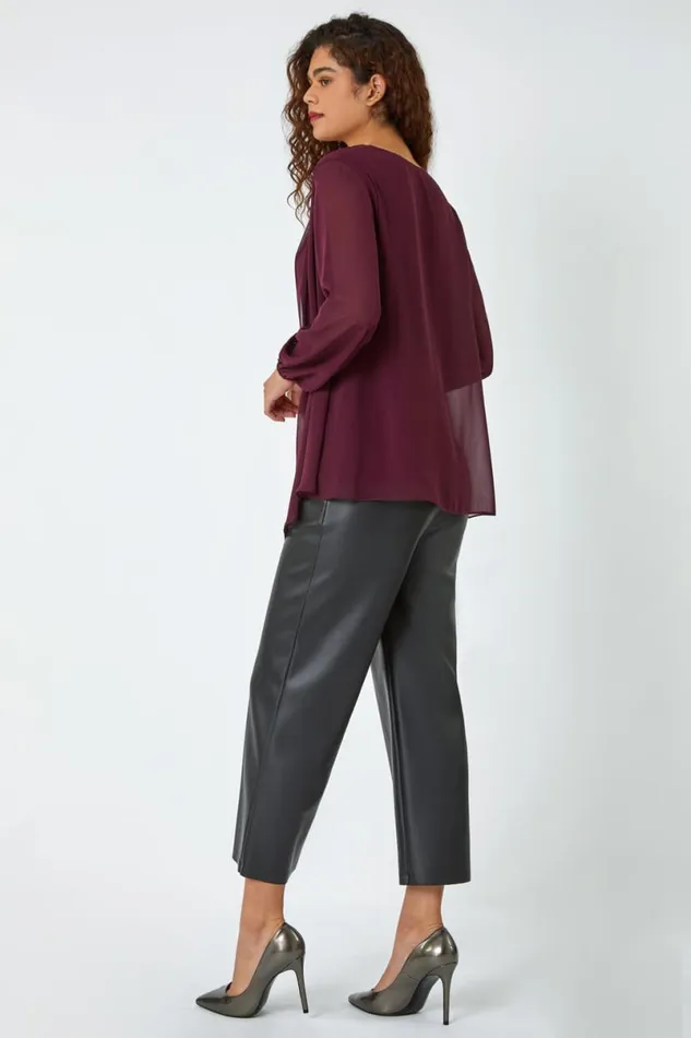 Wine Contrast Chiffon Overlay Stretch Top Women Roman Tops