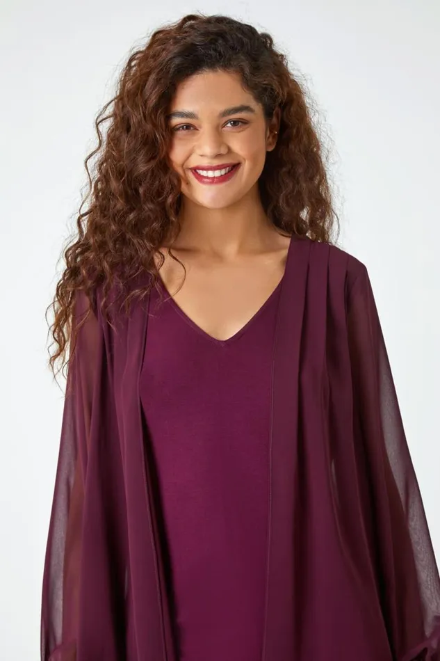 Wine Contrast Chiffon Overlay Stretch Top Women Roman Tops