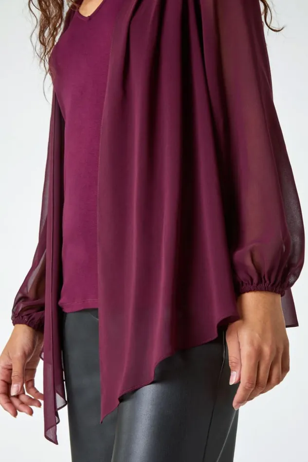 Wine Contrast Chiffon Overlay Stretch Top Women Roman Tops