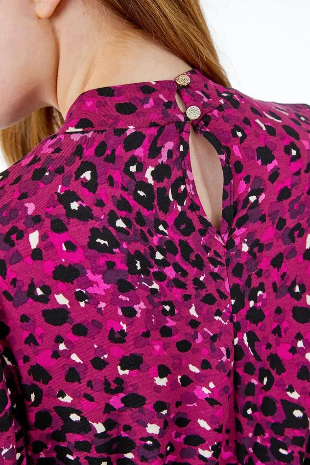 Wine High Neck Shirred Animal Top Women Roman Tops