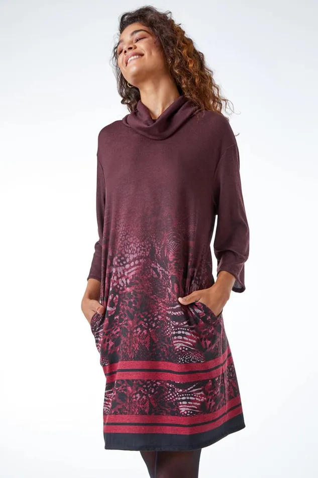 Wine Relaxed Fit Ombre Animal Print Dress Women Roman Dresses