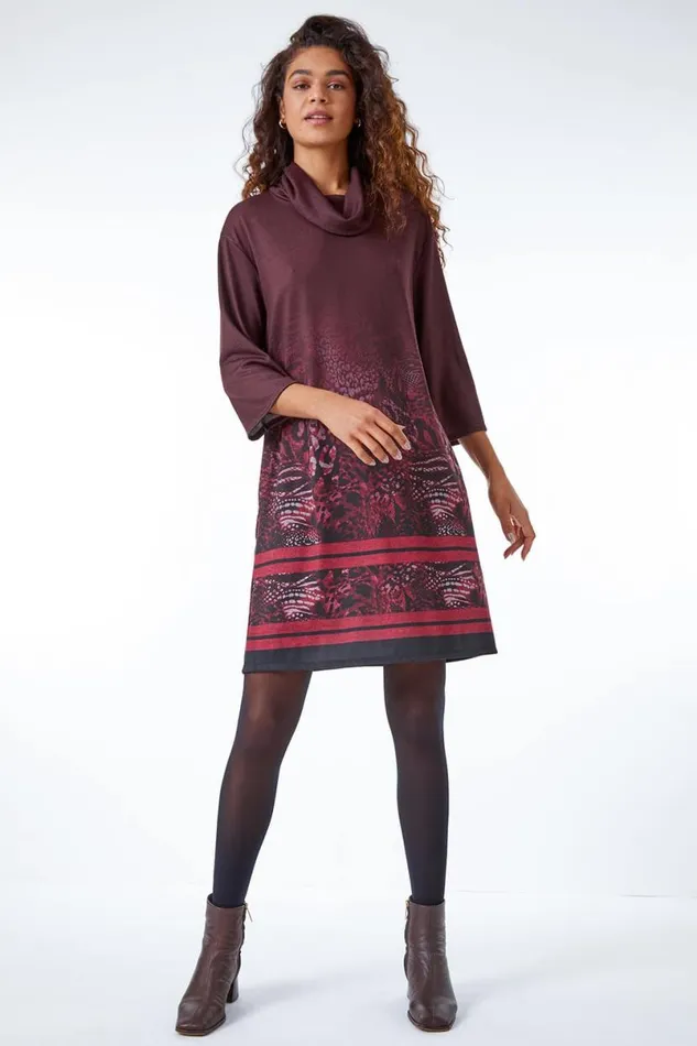 Wine Relaxed Fit Ombre Animal Print Dress Women Roman Dresses