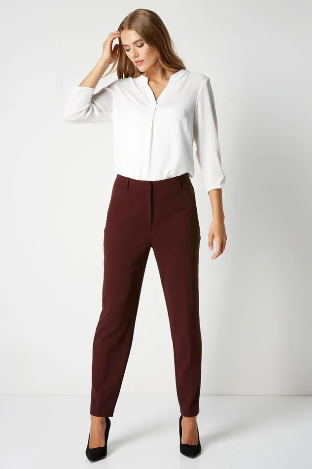 Wine Straight Leg Stretch Trouser Women Roman Trousers