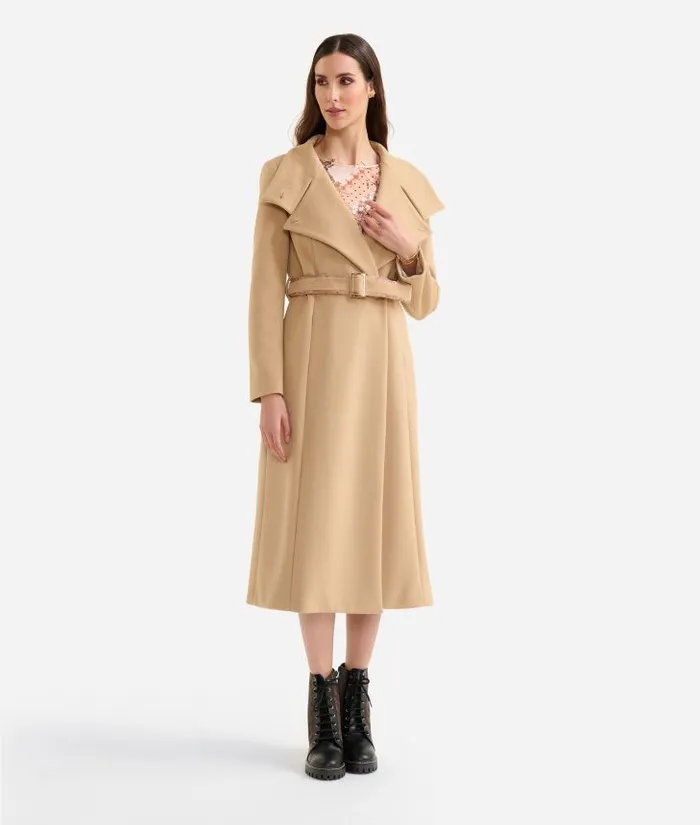 Woman Coats and Jackets Alviero Martini Long Velour Coat With High Neck Camel
